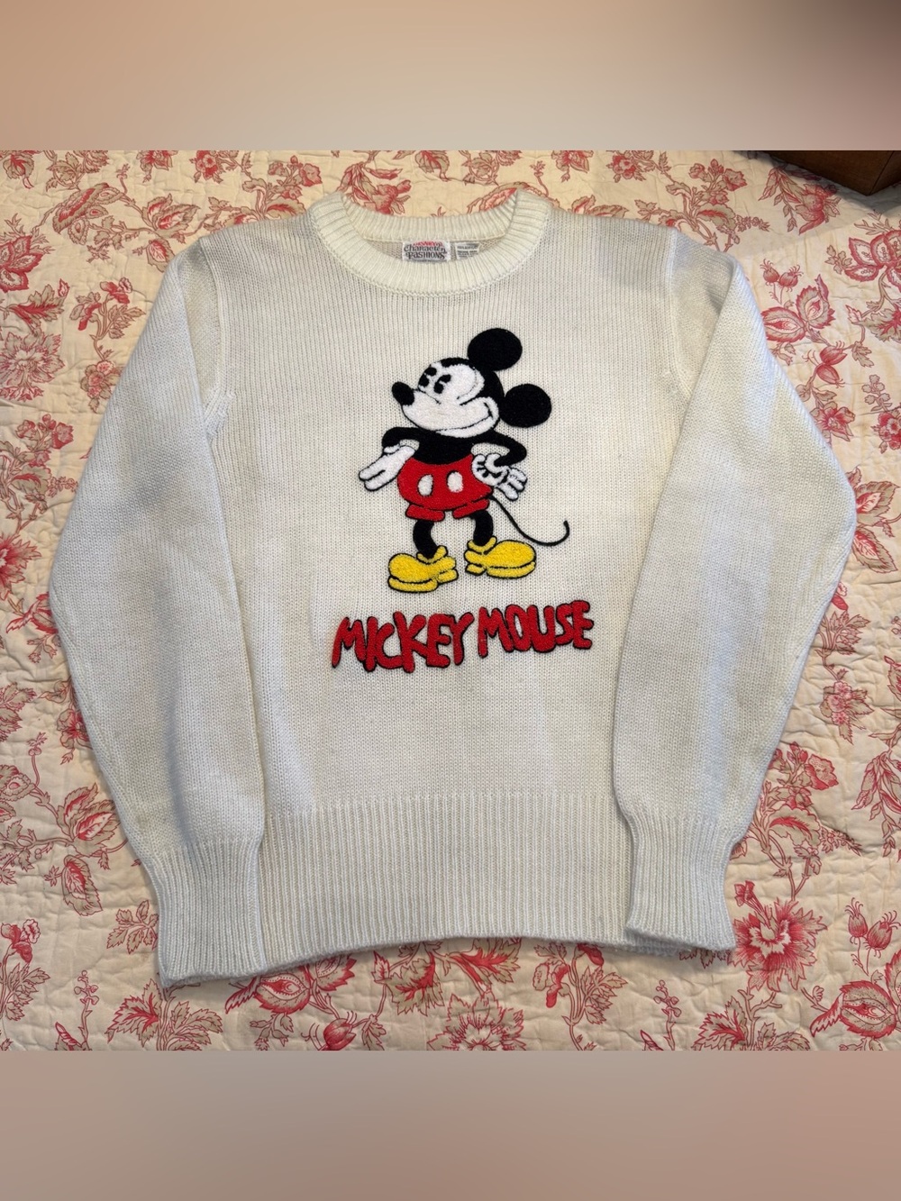 Vintage 1980s Mickey Mouse Knit Sweater - Chenille White Red & Yellow Graphic
